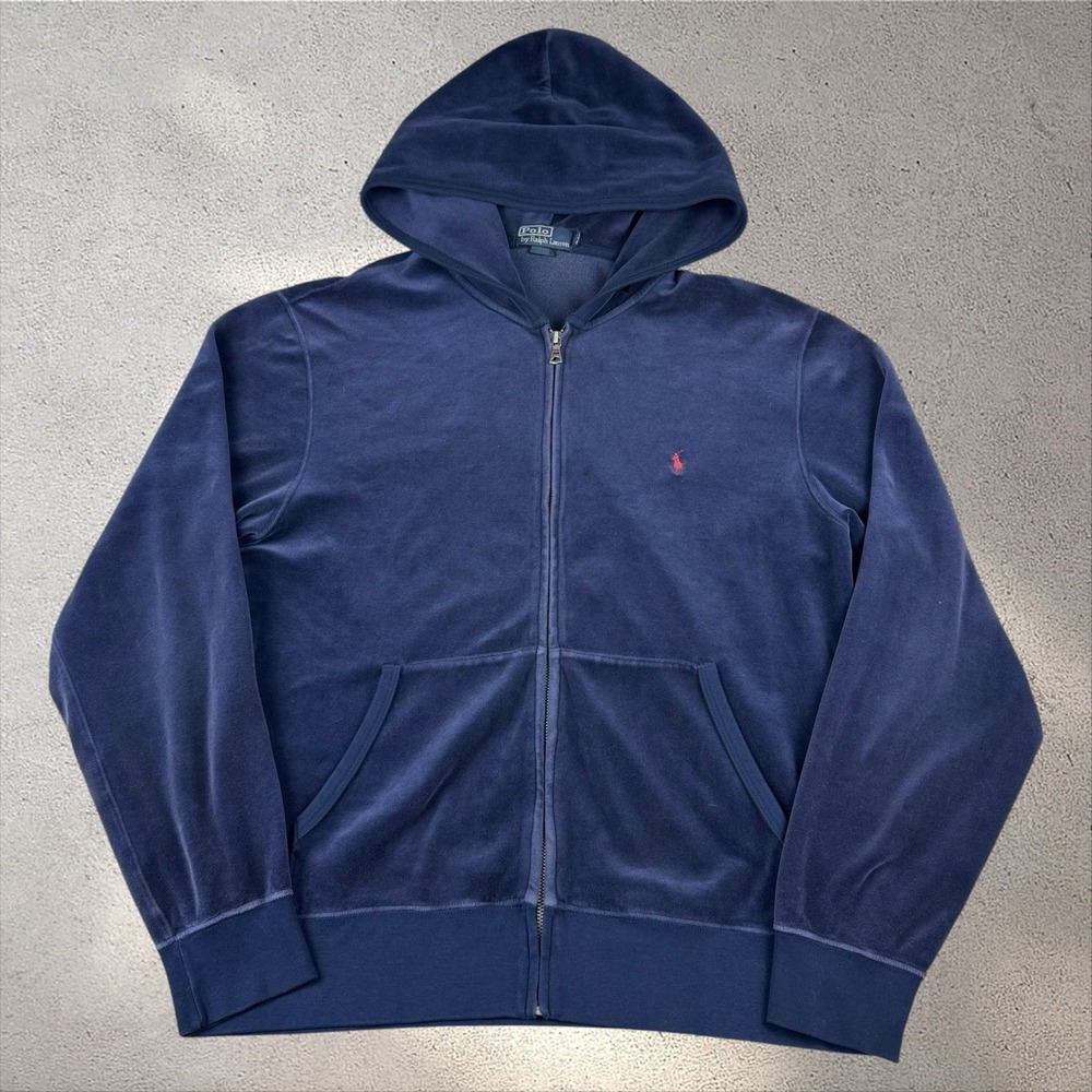Vtg Y2K Polo Ralph Lauren Hooded Jacket Bomber Velour Velvet Track Full Zip Sz L